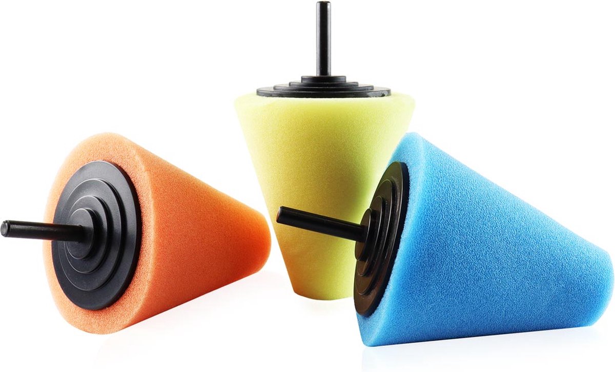 AMiO Auto Kegel Polijst Schuimborstels voor Boormachine (3 stuks) M14 (125mm) Oranje-Groen-Blauw