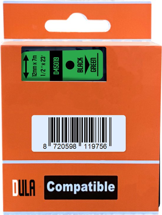 Oranje kartonnen verpakking voor DULA labeltape, met een etiket waarop 12mm x 7m Zwart op Groen staat.