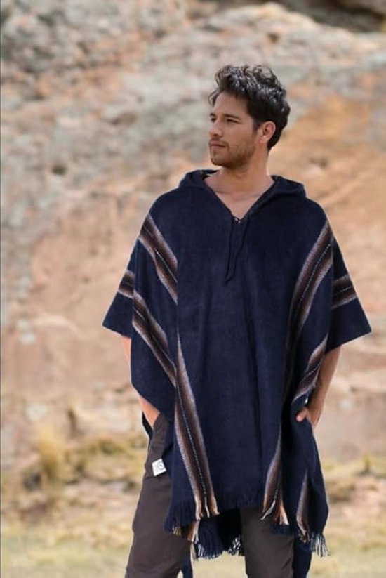 Capuche Poncho Homme Alpaga Poncho Bleu Des Andes Laine Alpaga Avec Sa
