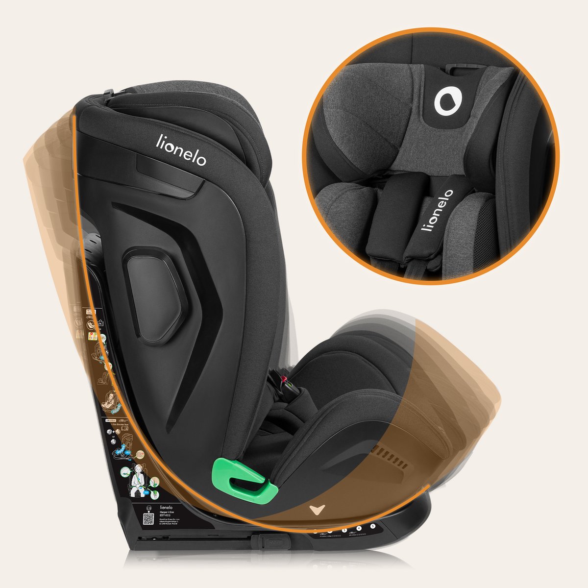 Lionelo Harper i-Size - Autostoel - 9 tot 36 kg (1,5-12 jaar / Groep 1 2 3 / 76-150 cm) - met ISOFIX - Krachtige Zijbescherming – Interne Gordels tot 125 cm (ca. 6 jaar) – Geventileerde Stoelschaal Autostoeltje - Universele Pasvorm voor elke Auto thumbnail 4
