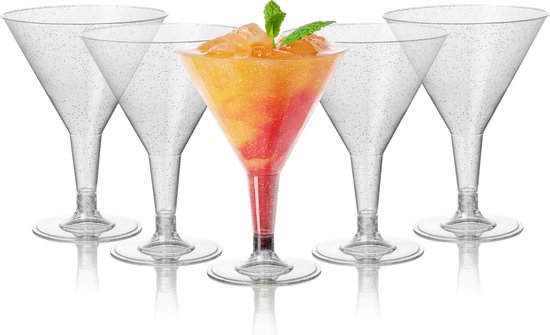 MATANA - 48 Herbruikbare Plastic Martiniglazen 210ml - met Zilveren Glitter - Cocktailglazen