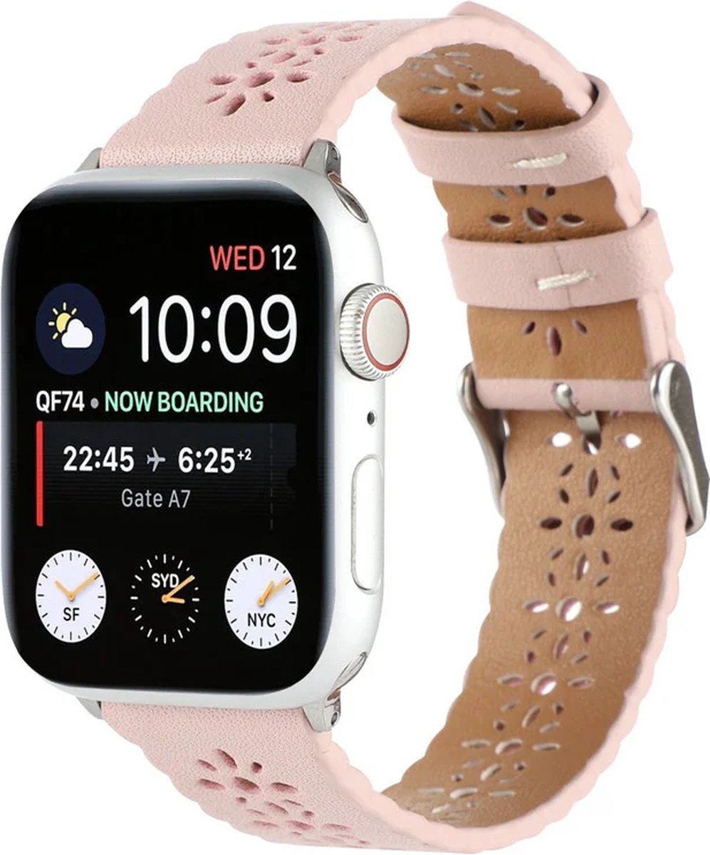 Strap-it Leren band met patroon - Geschikt voor Apple Watch bandje -Series 1/2/3/4/5/6/7/8/9/10/11/SE/SE2/SE3/Ultra (2) - Roze - Luxe band leer uitgesneden patroon - iWatch bandje maat: 44mm / 45mm / 46mm / 49mm