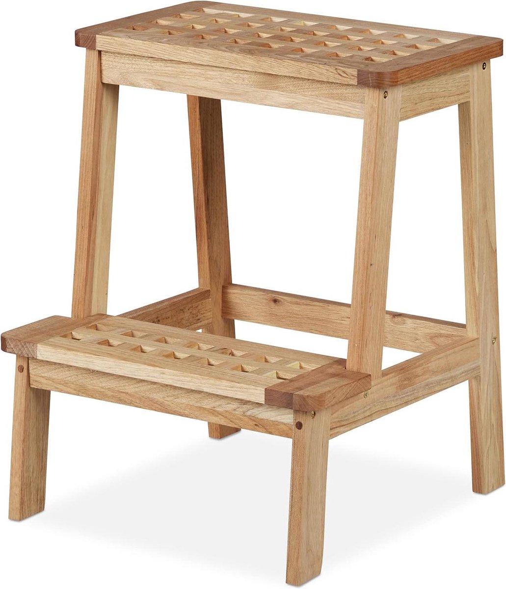 Kinderkrukje walnotenhout 2 tredes opstapje - Plantenkruk naturel - Max. 60 kg - 47x38x38 cm