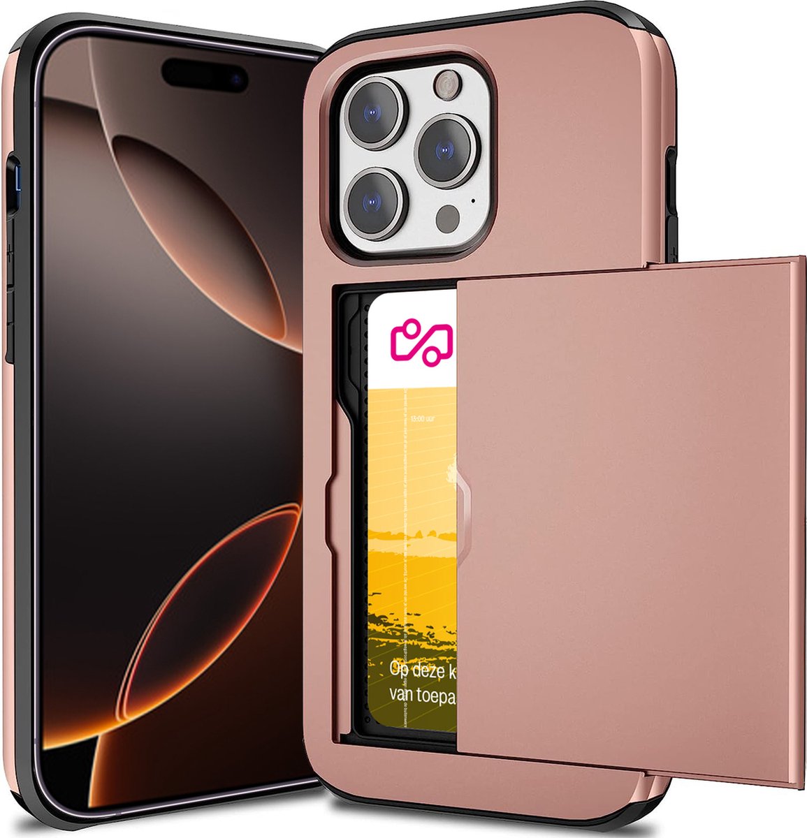 Hoesje met Pasjeshouder geschikt voor iPhone 16 Pro - Back Cover SlideCase Roségoud