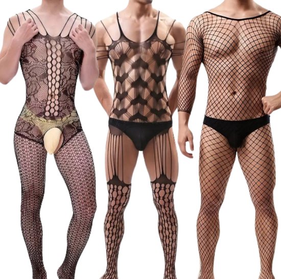 Foto: Lekkerstout visnet bodystockings 3 pack open kruis zwart sexy herenlingerie m xl ls102 