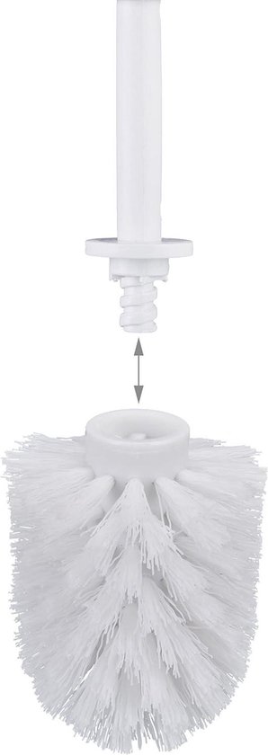 Gedetailleerde foto van de schroefdraadbevestiging van een witte toiletborstelkop met witte borstelharen.