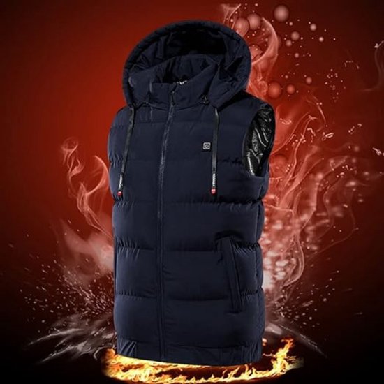 Gilet bleu foncé à capuche, avec des flammes et une lueur.
