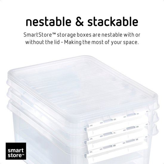 SmartStore 8L Transparante Opbergdozen Met Deksel - Set Van 4 - Stapelbaar & Nestbaar - 10 Jaar Garantie - Voedselveilig, BPA-vrij - L34 X B25 X H16 Cm