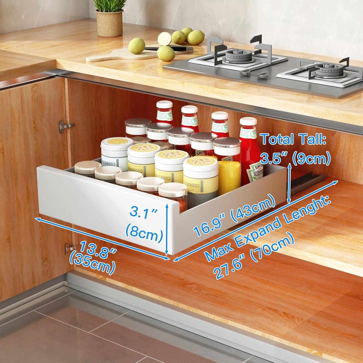 Tiroir Coulissant Cuisine Adhésif - Organisateur Placard Sans Perçage, Largeur Ajustable 32-52 Cm, Idéal Armoires
