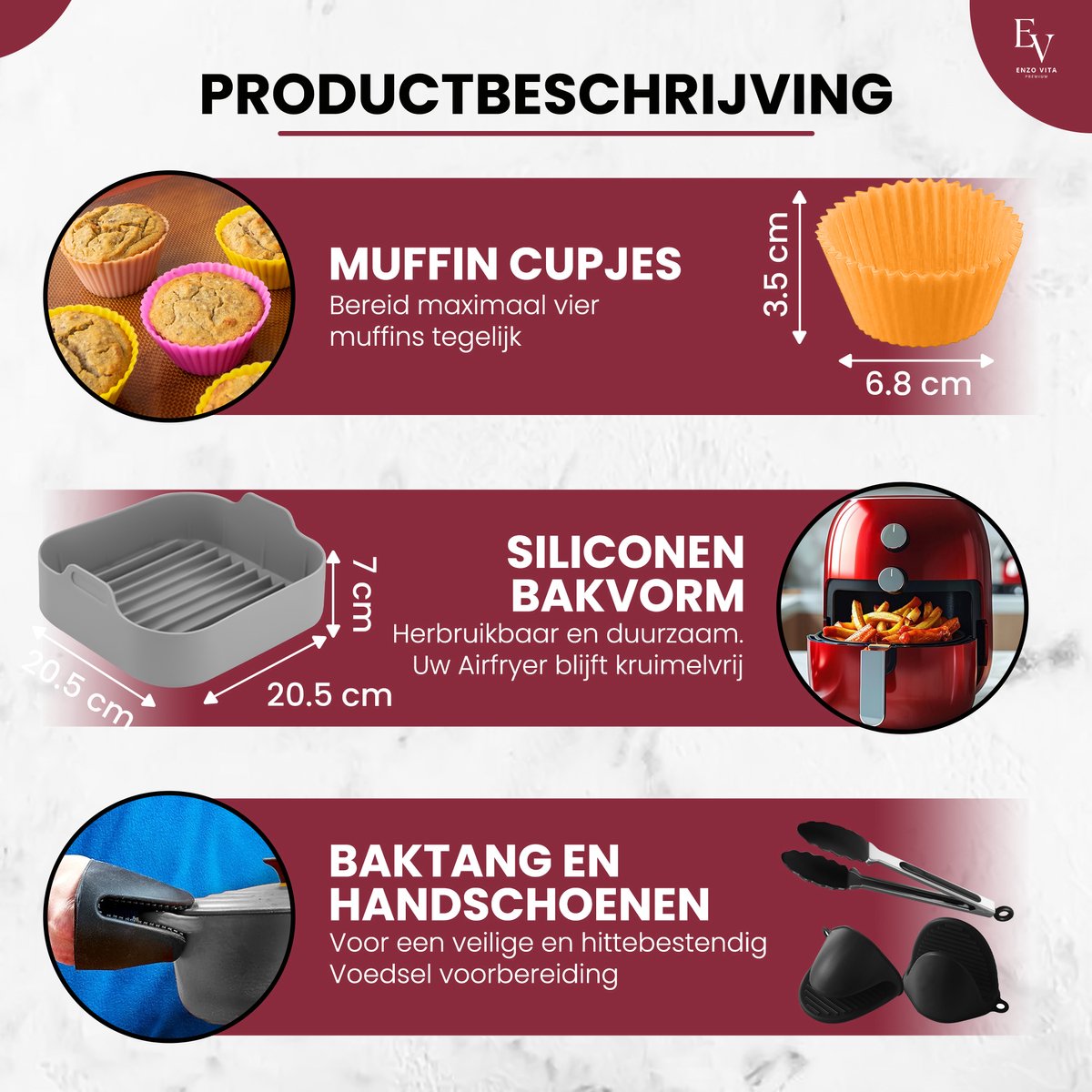 EnzoVita® Premium Airfryer Accessoires set - Meest Complete set - XL - Heteluchtfriteuse - Airfryer Accesoires set - Geschikt voor Airfryer XL en XXL - Inclusief Airfryer Siliconen Bakje & Nederlands Receptenboekje - Bakpapier — afbeelding 2