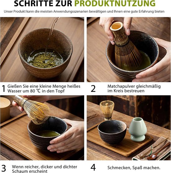 Kit Cérémonie Matcha Japonais - Fouet Bambou, Bol Céramique, Porte-Balai Et 2 Cuillères - Préparation Authentique