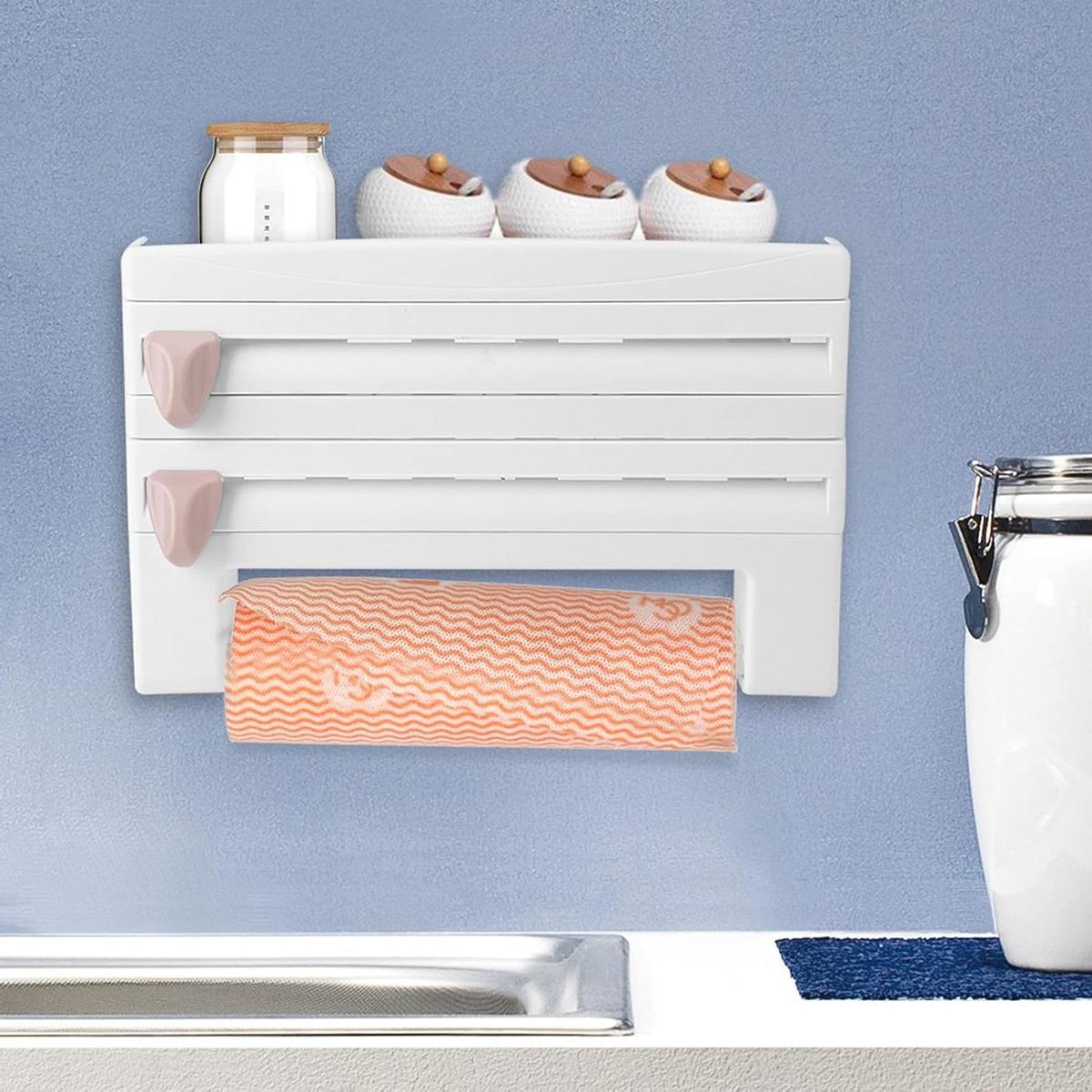 Foliehouder voor 3-voudige snijrolhouder en papierrolhouder - foliesnijder met legvlak - keuken badkamer - 39 x 9 x 24 cm (wit)