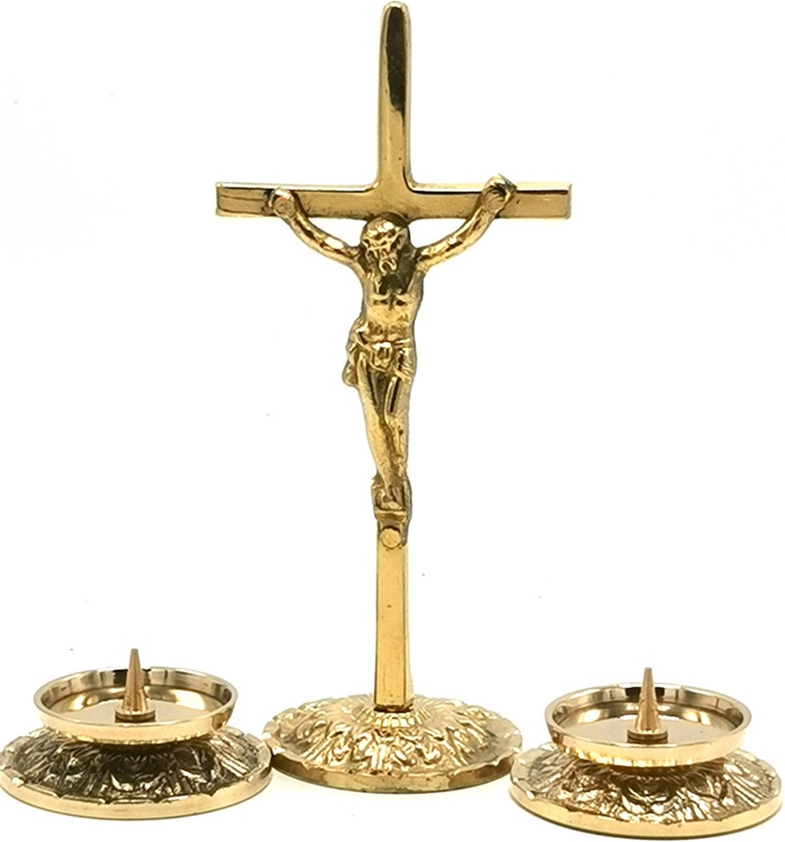 Boutique Trukado - Jezus aan het Kruis - Mini Crucifix - set met 2 waxinelichtjeshouders - messing - (hxbxd) ca. 15cm x 7cm x 5,5cm