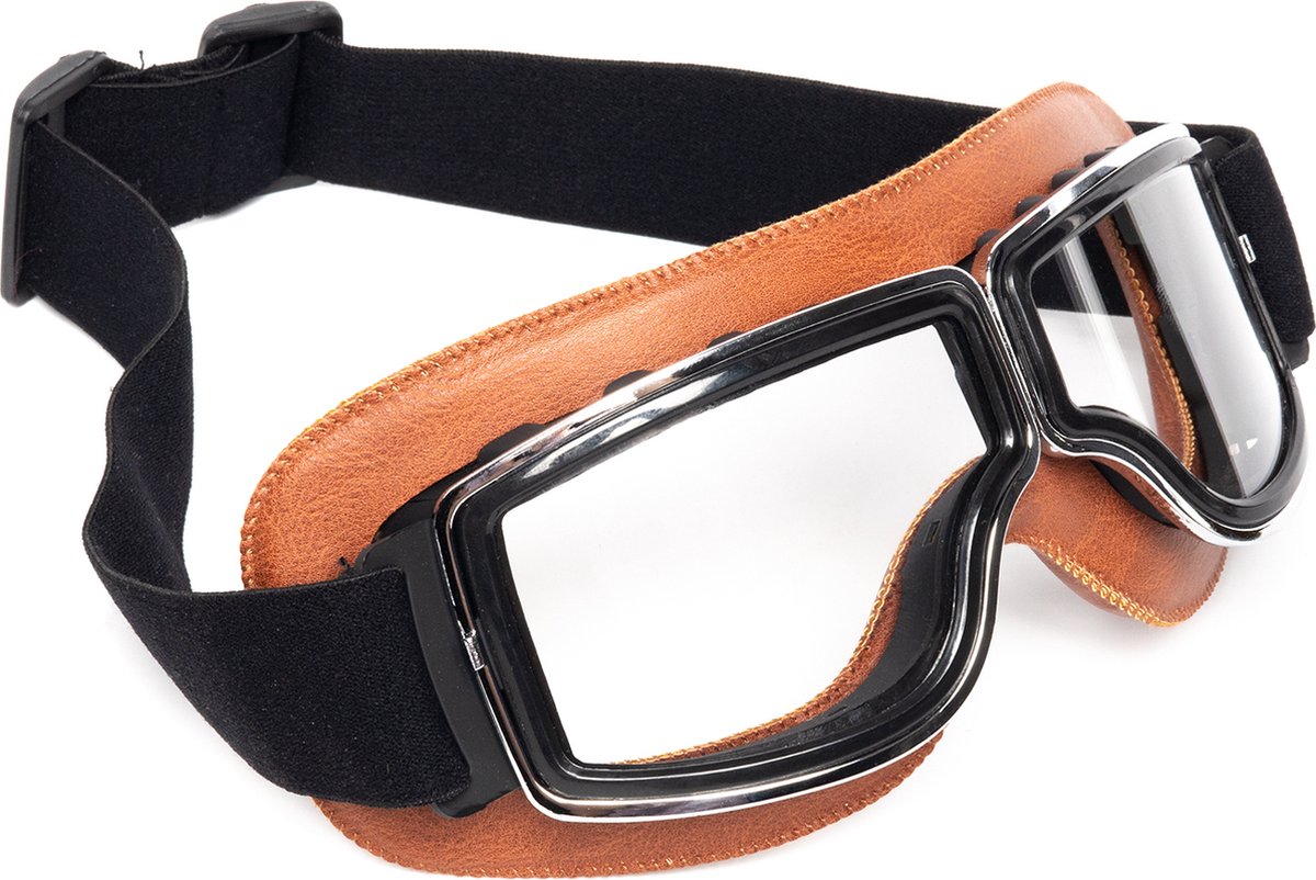 KIMU® Goggles Motorbril Skibril - Bril Bruin Montuur - Heldere Glazen - Pilotenbril Piloot Motor Steampunk Vintage Leatherlook Leren Bruine Solex Festival
