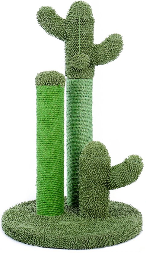 Groene krabpaal in cactusvorm met drie sisal palen en een platte basis.
