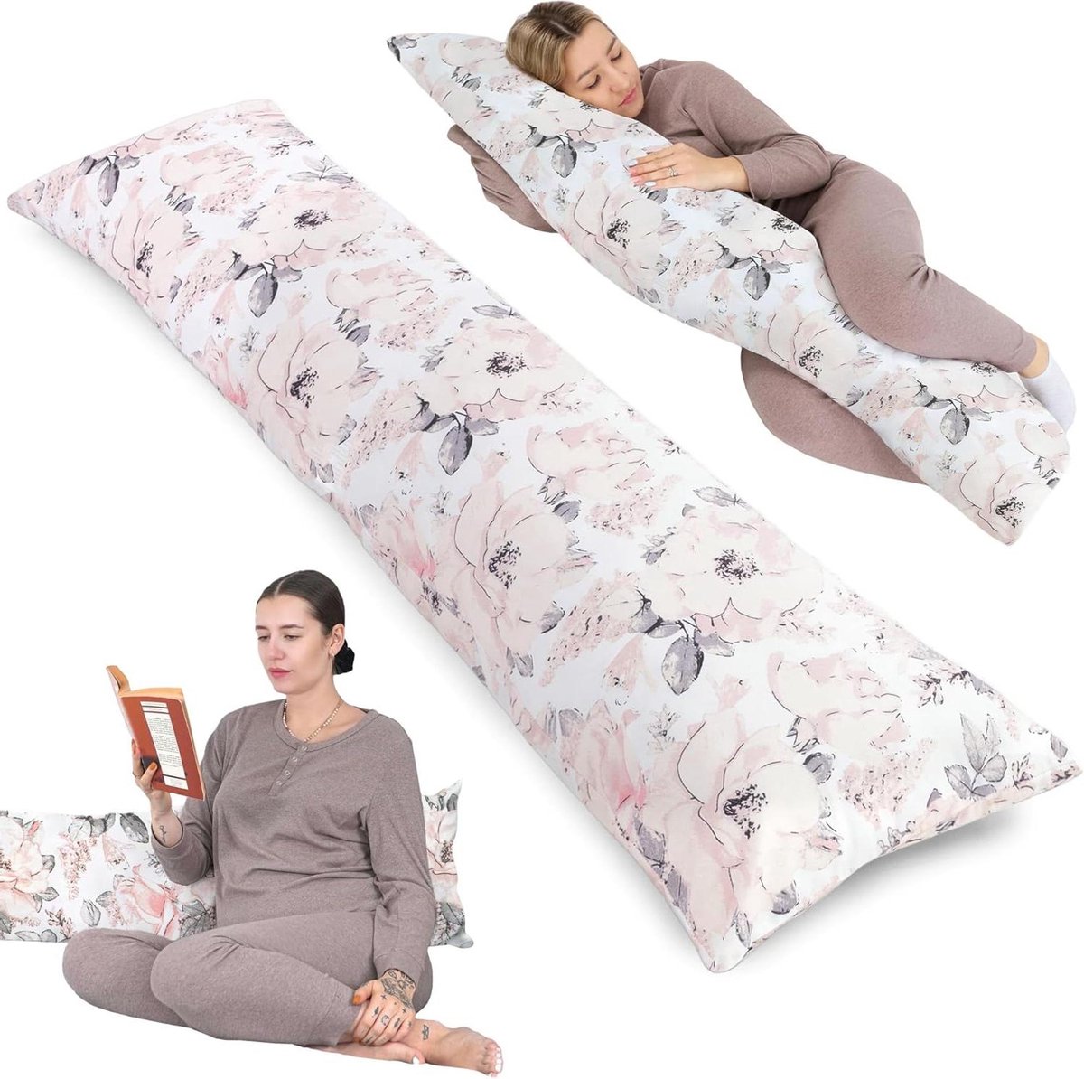 Zijslaapkussen katoenen hoes 40 x 145 cm - comfortabel lichaamskussen voor zijslapers Wild Roos