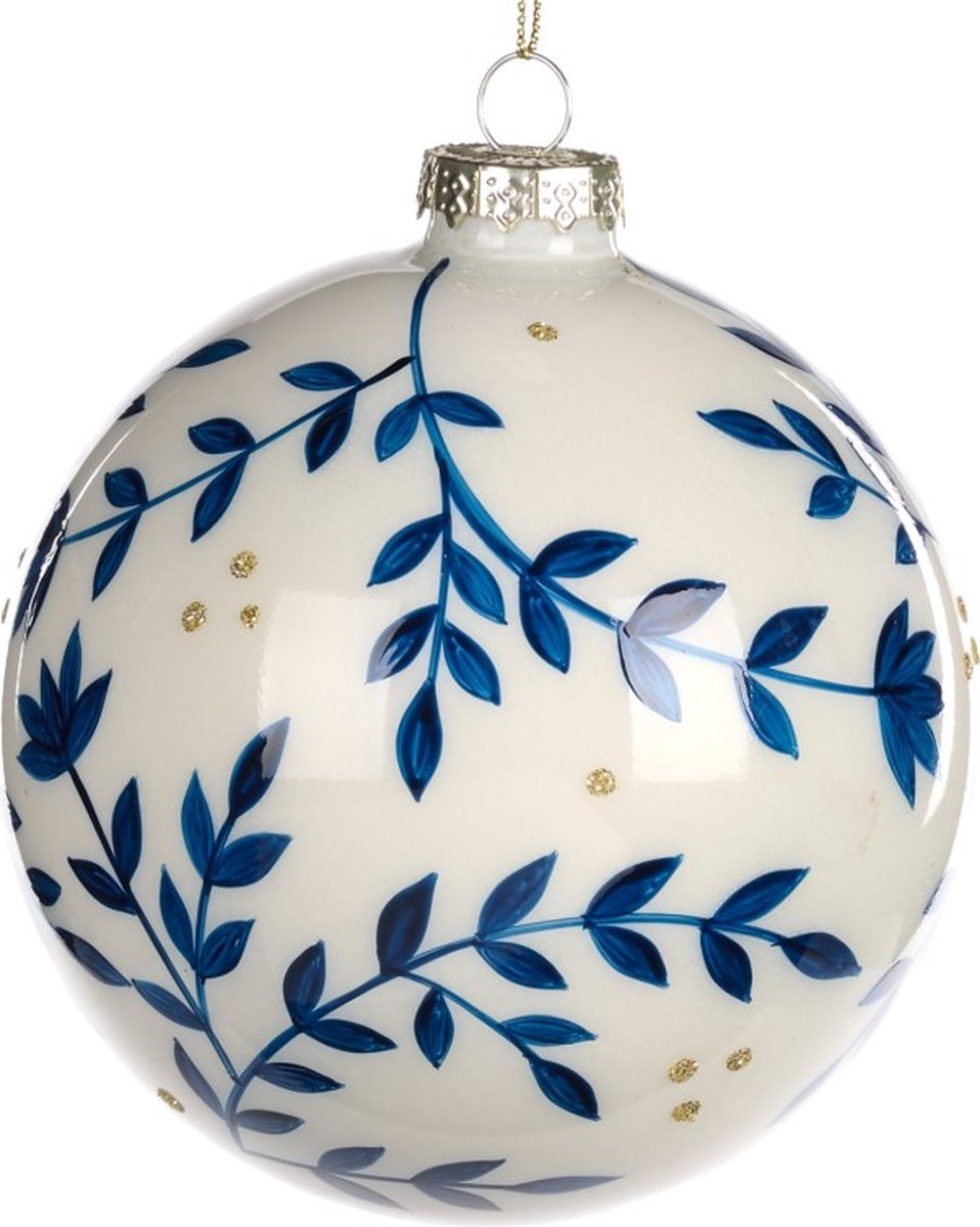 Goodwill Kerstbal Druiventakje Glas - Wit-Blauw - D 8 Cm - Voordeelaanbod Per 2 Stuks creme
