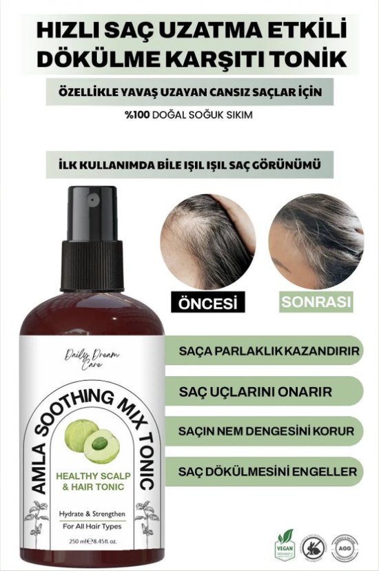 AMLA SOOTHING MIX TONIC fles met voor en na foto's van haar, voor snelle haargroei. 250 ml.