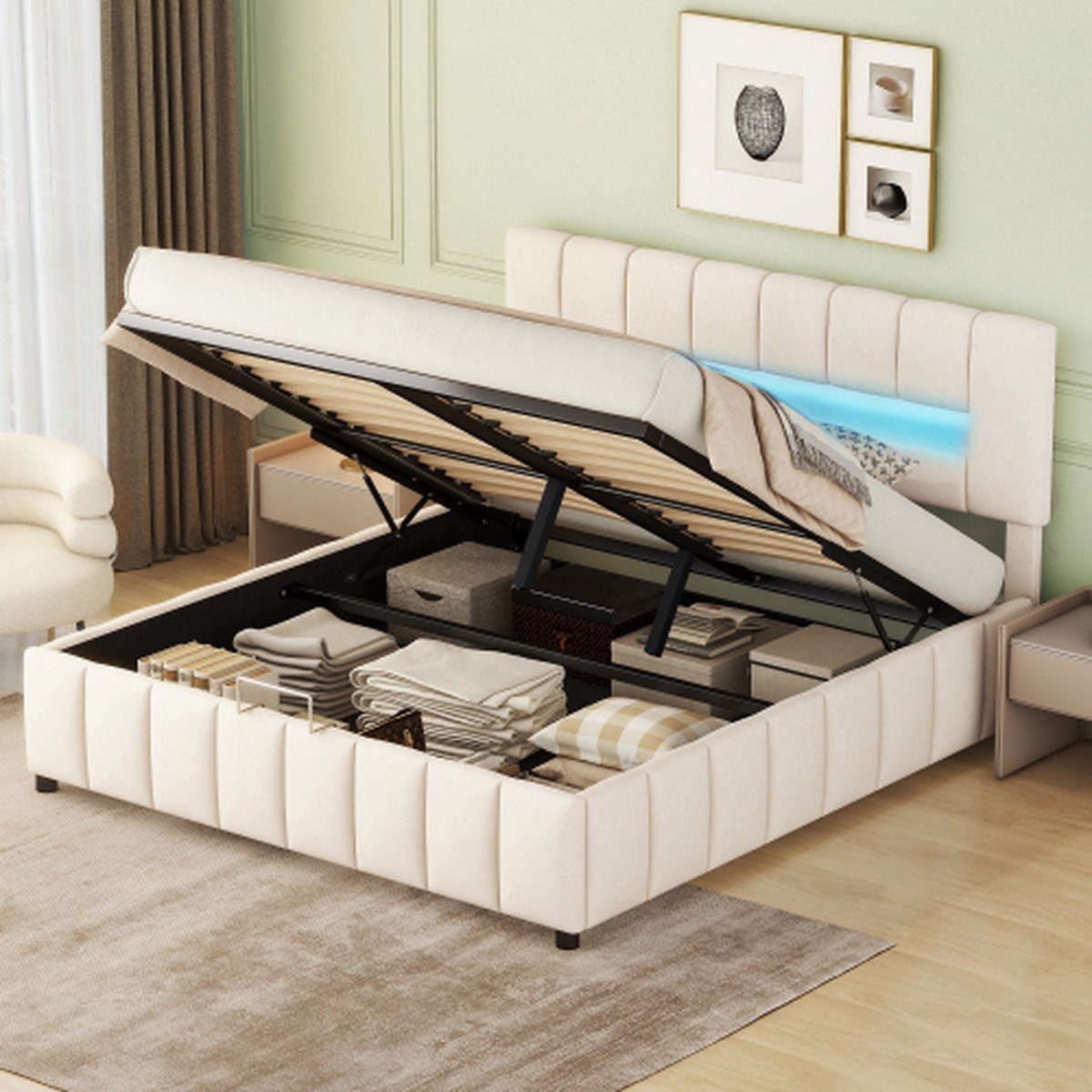 Hoomall 180x200cm tweepersoonsbed, gestoffeerd bed, familiebed, platformbed met LED-verlichting, modern bedframe met opbergruimte, beige