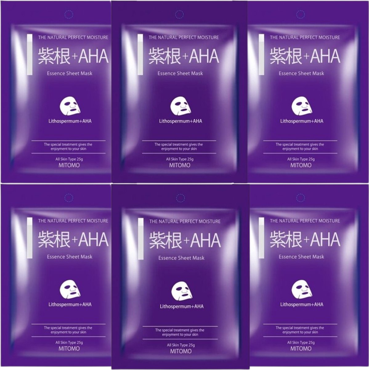 Mitomo AHA Gezichtsmasker - 6 x 25g - Bevat Alpha Hydroxy Acid - Versnelt Regeneratie Huidcellen - Skin Care uit Japan