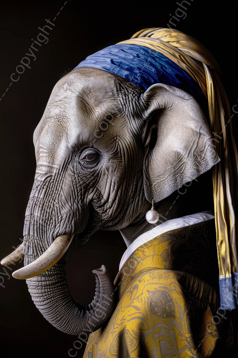 K&C Art (Canvas schilderij) 60x90cm | Olifant (meisje) met de parel - dier - portret - zwart - wit - bruin - blauw - humor | Woonkamer - slaapkamer - hal - kantoor | Foto schilderij print op canvas - wanddecoratie - muurdecoratie - wall art