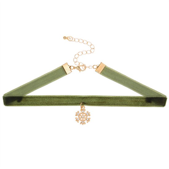Plux Fashion Sneeuwvlok Choker - Groen - 10mm/30cm + 5cm verlengstuk - Sieraden - Kerst Choker - Choker - Stoffen Choker - Luxe Choker - Sieraden Cadeau - Duurzame Kwaliteit - Kerst - Christmas Choker - Snowflake Choker