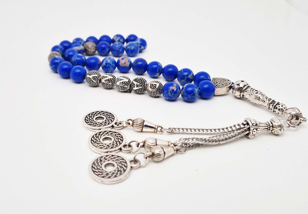 Handgemaakte naam tasbih 33 Kralen Natuursteen “ Lapis Lazuli” - met metaal tassel “Omarmen"- Met je naam of de naam van uw geliefde- 8 mm diameter van de korrel