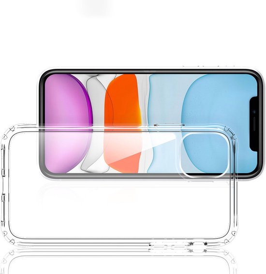 Doorzichtig hoesje naast een iPhone 11 met een kleurrijk scherm.