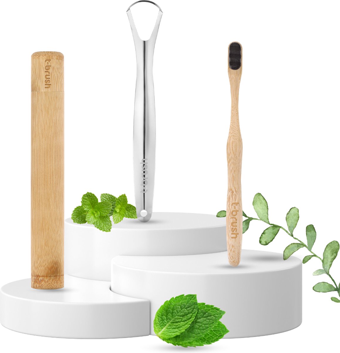 Goedkoopste t-brush | Natuurlijke Mondverzorgingsset - Donker Grijs Nano Bamboe Tandenborstel - Bamboe Tandenborstel Koker - Stalen Tongreiniger - Vegan