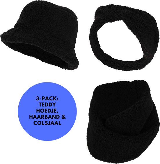 Sarlini - Winterset Meisjes - Teddy Wol Fan - Zwart - 2 t/m 4 jaar - Haarband + Hoedje + Colsjaal + Oorwarmers