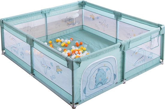 Foto: Foxsport grondbox baby speelbox met 60x speelballen kruipbox kinderbox playpen veilige speelomgeving 180 x 200 x 65cm groente