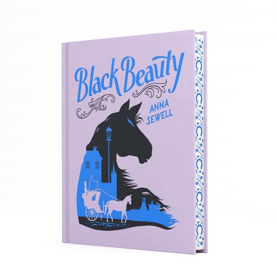 Lila kaft van 'Black Beauty' met een blauwe afbeelding van een paardenhoofd, koets en stad.