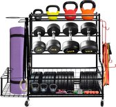 ZACHVO halterstandaard, dumbbells, rek met 4 etages voor thuis, gym met wiel en 8 haken, 160 kg draagvermogen, korte halters, opbergrek voor dumbbells en yogabal, blok, mat, riem, rol