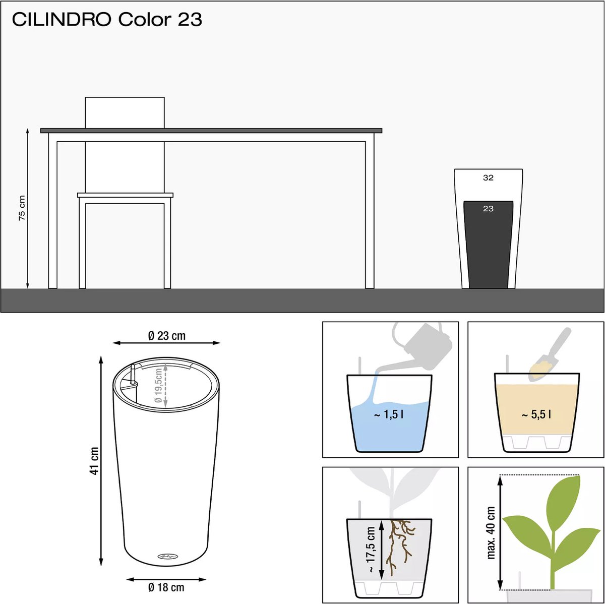 Lechuza Cilindro Color 23 - Planter - with removable inner pot