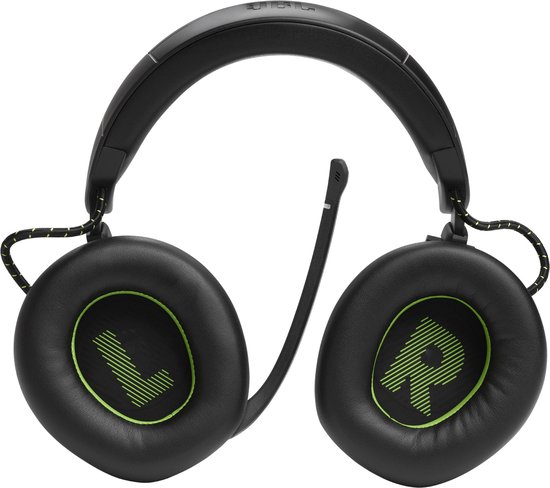 Zwarte JBL gaming headset van bovenaf, met L en R aanduidingen op de oorkussens.
