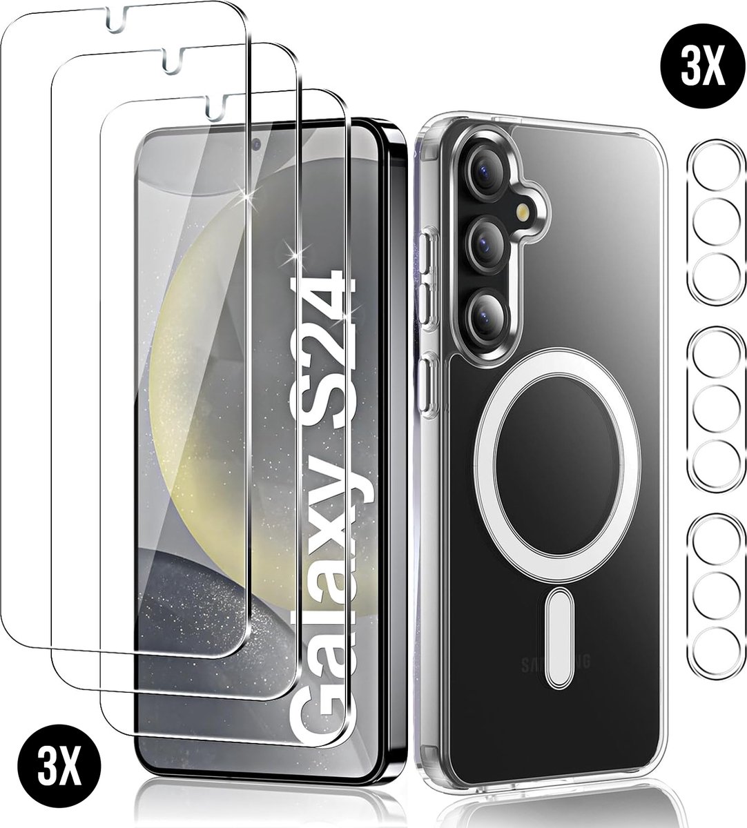 Hoesje Geschikt voor Samsung Galaxy S24 - Geschikt voor Magsafe - Bundel met 3x Screenprotector + 3x Cameraprotector - Magnetisch met Ring Doorzichtig - Telefoonhoesje Transparant Magsafe Case - Doorzichtig