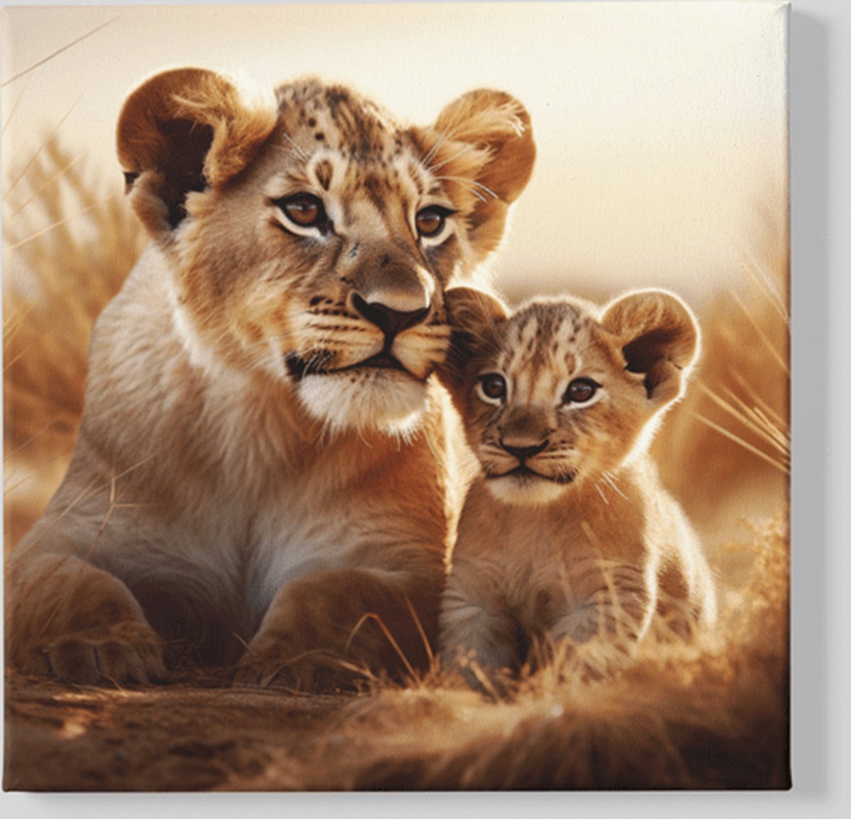 Trendex Global Vierkant Canvas Schilderij - Dieren - Moeder Leeuwin met Welp - 100x100x2 cm Bruin