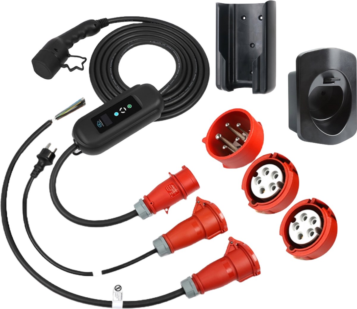 BlackCharge® 3.0 Voordeelbundel (5M) mobiele lader 11kW incl. timer + verloopstekkers - Type 2 naar CEE Krachtstroom Stekker - 16A 3 Fase incl. verloopstekkers + muurbeugel (zwart) en wandhouder