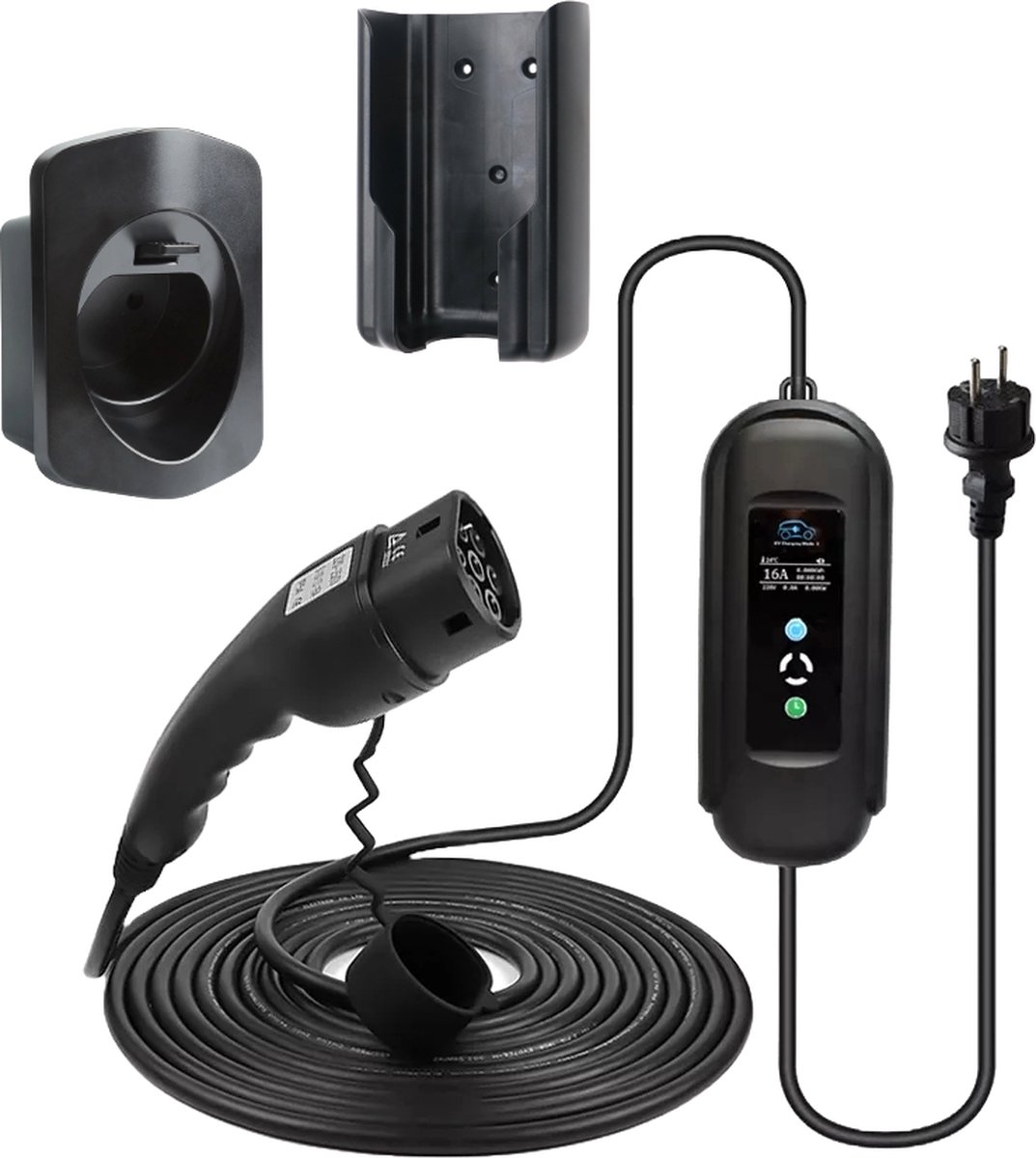BlackCharge® 3.0 Voordeelbundel (5M) mobiele lader 3.7kW incl. timer - Type 2 naar Schuko Stekker - 16A 1 Fase incl. timer + muurbeugel (zwart) en wandhouder
