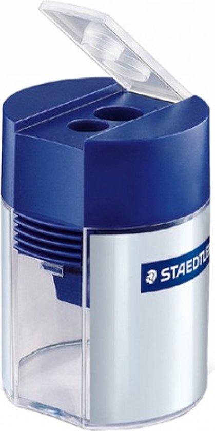 Foto: Staedtler dubbele puntenslijper tonmodel 512 001 blauw zilver fluorescerend uitvoering container blik