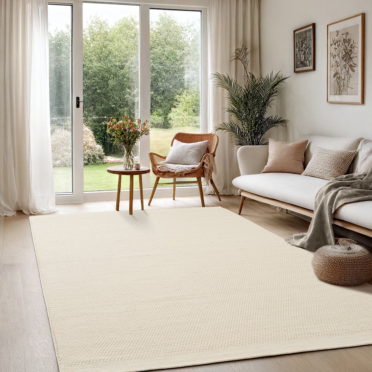 the carpet Deluxe Wol Handgeweven wollen vloerkleed in een natuurlijke Scandinavische boho-look, Cream, 160 x 230 cm