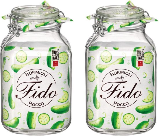 Deux bocaux Bormioli Rocco Fido Rocco avec imprimé concombre. '100% Fabriqué en Italie'.