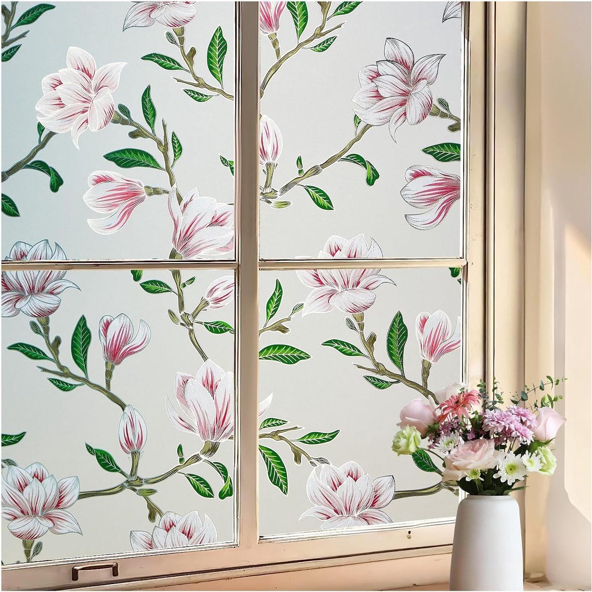 Ondoorzichtige raamfolie - Zelfklevend melkglasfolie - Magnolia bloem - Woonkamer - Slaapkamer - Keuken - 60 x 90 cm