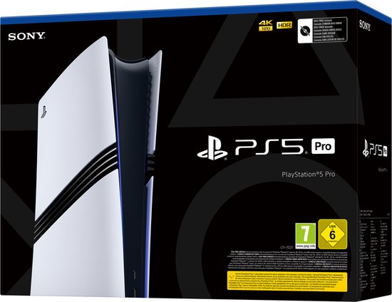 Doos van de PlayStation 5 Pro met op de voorkant een afbeelding van de console en de tekst 'PS5 PRO'.