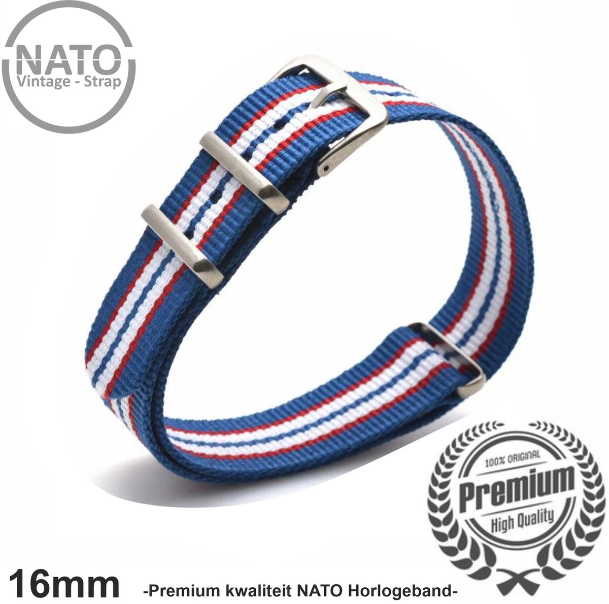 16mm Premium Nato Strap Rood Wit Blauw - Vintage James Bond - Nato Strap collectie - Heren - Horlogeband - 16 mm bandbreedte voor oa. Seiko Rolex Omega Casio en Citizen