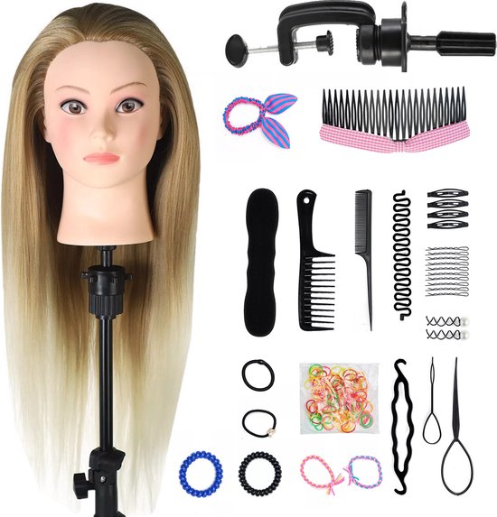 Kappershoofd Oefenhoofd Kapperspop met Statief en Styling Accessoires - Kappers Hoofd - Blond Ombre Haar - 70 cm