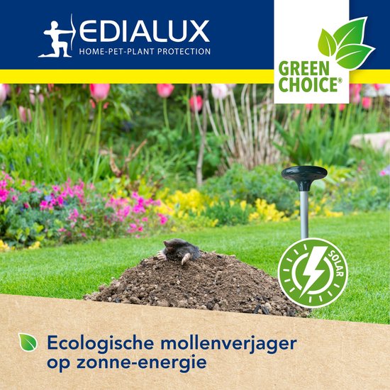 Mol op molshoop in tuin met zonne-energie mol apparaat, "GREEN CHOICE" logo en tekst "Ecologische mollenverjager op zonne-energie"