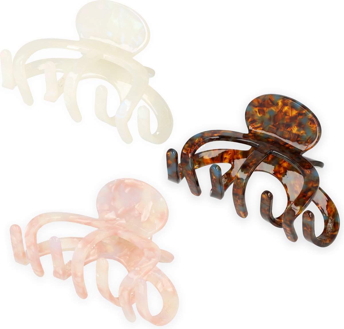 Lajetti - 3 stuks Haarklem Octopus Acetaat Roze Bruin Wit - Haarclip Dames - Milieu Vriendelijk