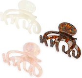 Lajetti - 3 stuks Haarklem Octopus Acetaat Roze Bruin Wit - Haarclip Dames - Milieu Vriendelijk