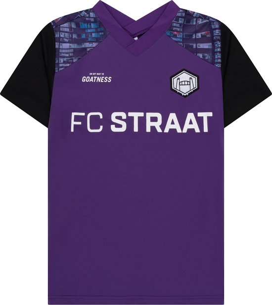 Chemise de football violette avec manches noires, col et inscription 'FC STRAAT'.